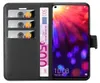 A black wallet-style phone case with a smartphone inside displaying a colorful wallpaper. The wallet section has slots for cards and a banknote. Náhľad obrázku produktu