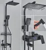 A collage of images showcasing a black digital display shower faucet system. Produktbild-Vorschau