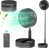 A collage of images showing a portable fan in different configurations and a remote control. Podgląd zdjęcia produktu