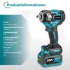 A teal and black cordless impact wrench with a battery pack, shown next to a list of product specifications. Produktbild-Vorschau
