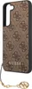 A close-up studio shot of a brown and gold Guess phone case with a repeating logo pattern and a dangling charm. Produktbild-Vorschau