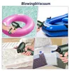 Collage showing a handheld vacuum cleaner being used to inflate a pool float, an inflatable boat, compress a vacuum storage bag, and vacuum seal bags of granular material. Produktbild-Vorschau