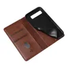 An open brown leather flip phone case with a black inner shell for a Samsung Galaxy S10. Produktbild-Vorschau