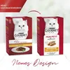 A comparison of two packaging designs for Purina Gourmet cat food, with text indicating a new taste experience and a new design. Produktbild-Vorschau
