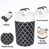 A collage of images showcasing a foldable laundry basket with a black and white pattern, highlighting its features. Produktbild-Vorschau