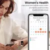 A woman is holding a smartphone displaying a women's health app, while wearing a smartwatch. Produktbild-Vorschau