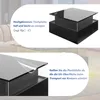 A close-up of a modern coffee table with a glossy black top and a transparent protective film being peeled off, with text overlays describing its features. Produktbild-Vorschau