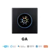 A black smart thermostat with a circular digital display showing temperature and icons, set against a white background. Below the thermostat are several logos indicating compatibility with Wi-Fi, Alexa, Google Assistant, MOES APP, Smart Life, and Tuya. Produktbild-Vorschau