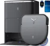 A robotic vacuum cleaner and its charging station are displayed, along with a smartwatch and a smartphone showing the brand's app. Produktbild-Vorschau