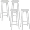 Four white bar stools are arranged on a white background.