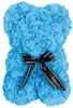 A blue rose bear with a black ribbon.