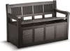 A dark brown storage bench with a slatted back and seat, set against a white background. Produktbild-Vorschau