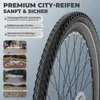 Close-up of a bicycle tire with marketing text and images describing its features and intended use. Produktbild-Vorschau