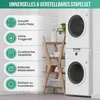 A stacking kit for a washing machine and dryer is shown in a laundry room setting, with features listed on the left side of the image. Voir les images du produit