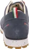 The back view of a blue hiking shoe with a speckled white sole. Voir les images du produit