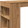 A close-up view of a wooden bar table with shelves. Náhled obrázku produktu