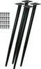 Four black metal table legs and a set of screws on a white background. Produktbild-Vorschau