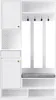 A white entryway organizer with multiple storage compartments, hooks, and a bench. Produktbild-Vorschau