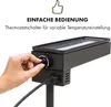 A hand is shown adjusting the temperature dial on a black raclette grill. Text overlays describe the product's features. Produktbild-Vorschau