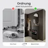 A split image showing a messy entryway with shoes scattered on the floor on the left, and a tidy entryway with a shoe cabinet on the right. Produktbild-Vorschau