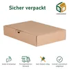 A cardboard box is shown with marketing icons and text below. Produktbild-Vorschau
