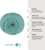 A rolled-up teal fitted sheet is shown next to a list of product features and certifications. Produktbild-Vorschau