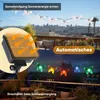 A split image showing solar garden lights in use during the day and at night, with text overlays explaining their function. Produktbild-Vorschau