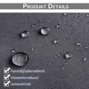 Close-up of a dark gray fabric with water droplets on it, indicating water resistance. Text overlays describe product features. Produktbild-Vorschau