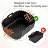 A diagram showing a silicone air fryer liner with arrows indicating heat flow, contrasting a design with holes (approved) with one without (not approved). Produktbild-Vorschau