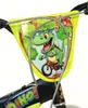 A close-up view of a child's bicycle handlebar with a cartoon dinosaur graphic. Voir les images du produit