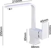 A white kitchen faucet with dimensions indicated by text overlays. Produktbild-Vorschau