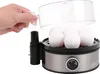 A hand is opening the lid of an electric egg cooker filled with white eggs. Produktbild-Vorschau