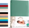 A product image showing a fitted sheet and a woman sleeping on a bed. Produktbild-Vorschau