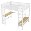 A white metal loft bed with an integrated desk and shelving unit. Produktbild-Vorschau