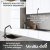 A modern kitchen sink and countertop area with white cabinets and a black faucet, accompanied by text overlays highlighting product features. Produktbild-Vorschau