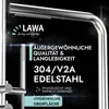 A close-up marketing image of a stainless steel shower head and arm, with text overlays highlighting product features. Náhled obrázku produktu