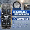 A close-up of a car tire with snow chains installed, with a car driving in the background on a snowy road. Produktbild-Vorschau