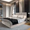 A bedroom scene featuring a bed with a headboard, pillows, and a blanket, along with a nightstand and a closet in the background. Produktbild-Vorschau