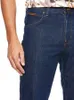 A close-up shot of a person wearing dark blue denim jeans. Produktbild-Vorschau