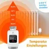 A smart thermostat is shown next to a radiator with temperature settings indicated by an orange gradient. Produktbild-Vorschau