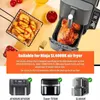 A collage of an air fryer, food, and product compatibility information. Produktbild-Vorschau