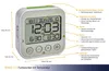 A digital alarm clock with feature callouts and dimensions. Anteprima dell’immagine prodotto