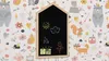 A house-shaped blackboard with drawings on it, set against a colorful wallpaper with animal and nature motifs. Produktbild-Vorschau
