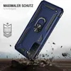 A blue phone case with a ring holder is shown falling onto rocks, with debris flying. Produktbild-Vorschau