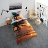A bedroom scene with a bed dressed in tropical sunset-themed bedding, a chair, and a bookshelf. Produktbild-Vorschau