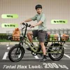 A man is riding an olive green electric cargo bike loaded with groceries and bread. The bike is in a parking lot with a blurred background of a store. Produktbild-Vorschau