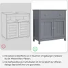 A comparison of a line drawing and a photograph of a dark gray bathroom cabinet, with text highlighting features. Produktbild-Vorschau