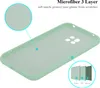 A light green phone case is shown from a diagonal angle, highlighting its interior and material layers. Produktbild-Vorschau