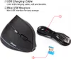 A vertical mouse, USB charging cable, and mini USB receiver are displayed against a white background, with labels indicating their function. Produktbild-Vorschau