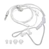 A pair of clear, transparent air tube earphones with a silver connector and inline controls, laid out on a white background. Several different sizes of ear tips are also visible. Anteprima dell’immagine prodotto